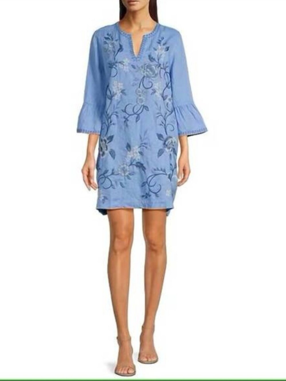 Johnny Was Linen Light Blue Embroidered Long-Sleeve Tunic Dress With Bell Sleeve